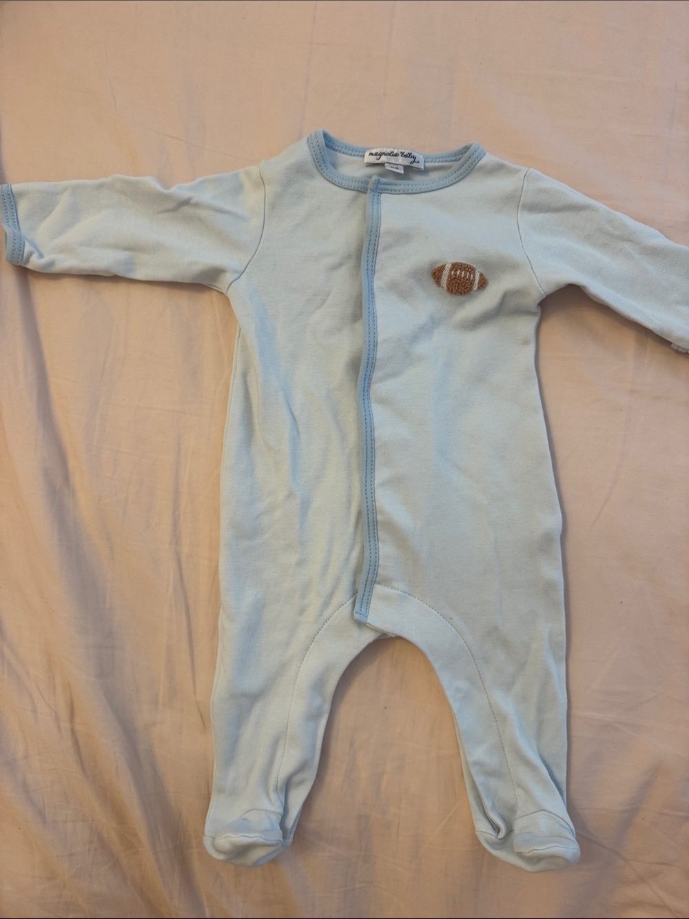 Magnolia Baby newborn onesie footie with embroider Football Appliqué- worn once